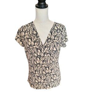 Geoffrey Beene V Neck Short Sleeve Black and Beige Business Wear Blouse